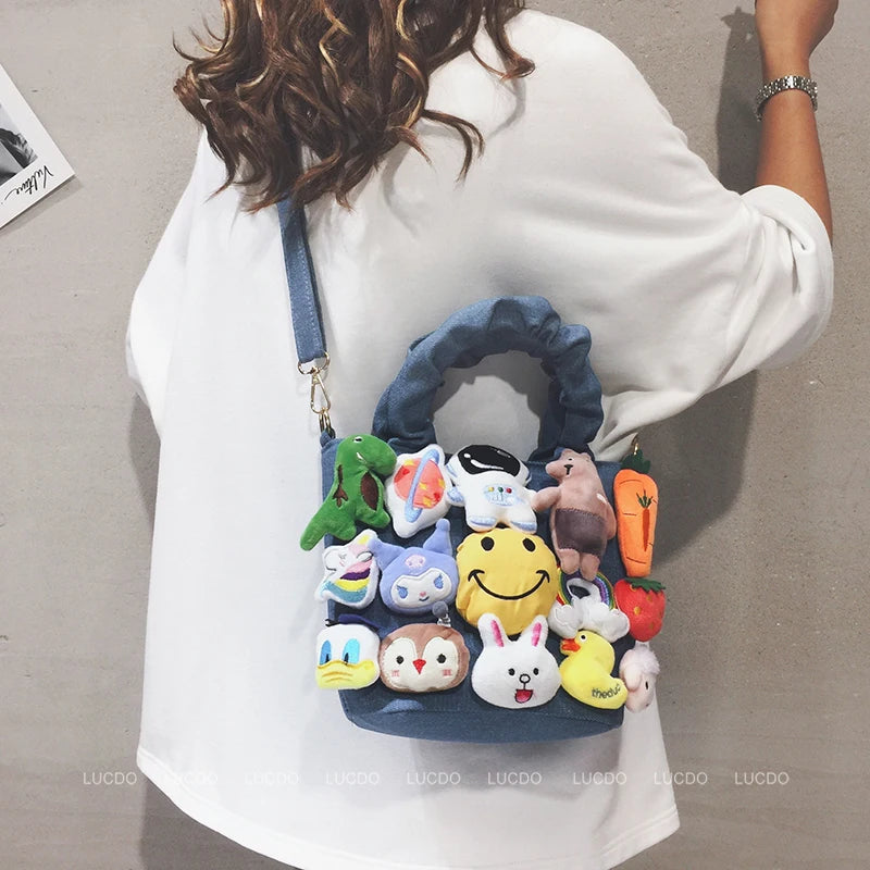 the DOLLY LLAMA - Cute Dolls Design Bucket Shoulder Crossbody Bags, Fashion Denim Cartoon Toy Decoration Tote Handbags for Women