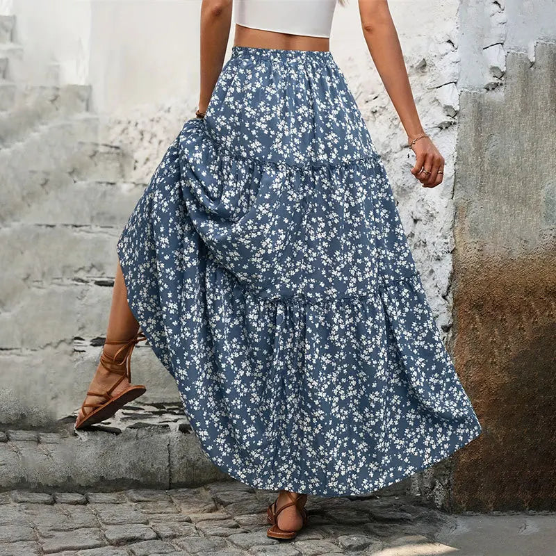 Small Floral Skirt Women's Waistband Elastic Three-layer Splicing Long Skirt A-line Pleated Big Swing Skirts 2025 Harajuku Femme