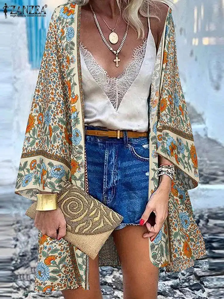 the BOHO CARDIGAN - Vintage Bohemian Floral Printed Summer Beach Long Sleeve Kimono Cardigan Open Up Cover Top