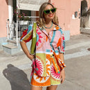 the CITRINE - Women Summer Shorts Outfits Daily Beach Sun Print Short Sleeve Button Shirts Tops Elastic Waist Shorts 2 Piece Lounge Sets