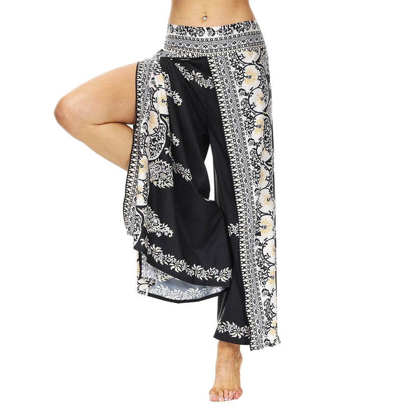 Women's Casual Soft Slit Leg Pants, Harem Dance, Beach Boho Baggy Yoga Pants, Lady Loose Wide Leg Wrap Long Pants, Summer