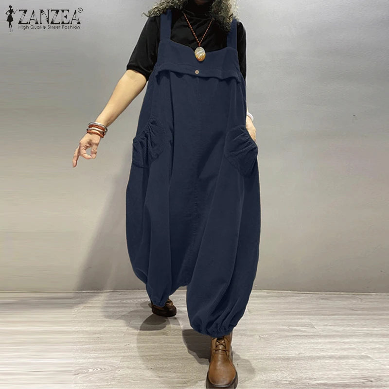 ZANZEA Streetwear Corduroy Bibbed-Jumpsuits Women Wide Leg Pant Drop-Crotch Overalls 2025 Spring Loose Casual Suspender Rompers