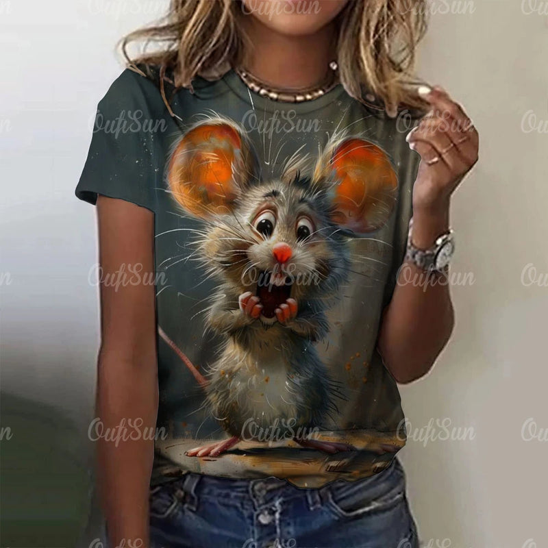 Cute Mouse Print Cartoon Women's T-shirts Funny Short Sleeves Tees Tops Summer Casual Animal Female Clothing Loose Streetwear