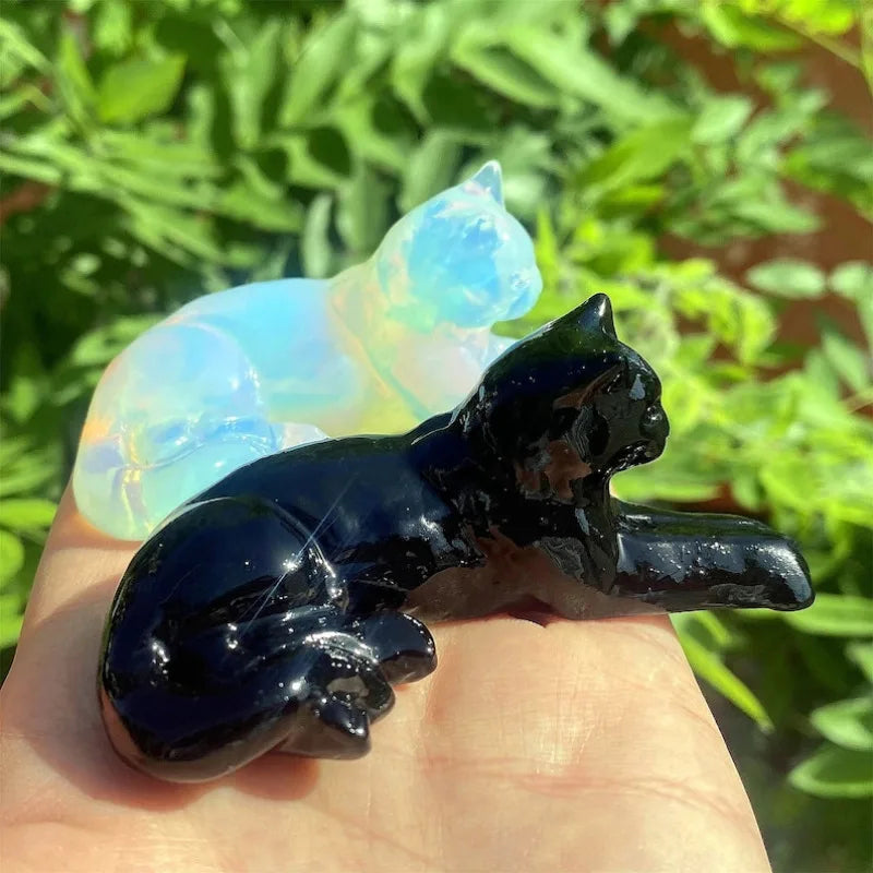 the CRYSTAL CAT - 3" Natural Obsidian + Opalite Prone Cat, Quartz Cat, Crystal Animal, Energy Crystals, Reiki Healing, Crystal Gifts 1PC