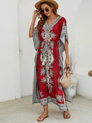 the BOHO SMOCK - Bohemian V-Neck Short Sleeve Beach Smock Summer Loose Casual Sunscreen Print Boho Long Dresses For Women