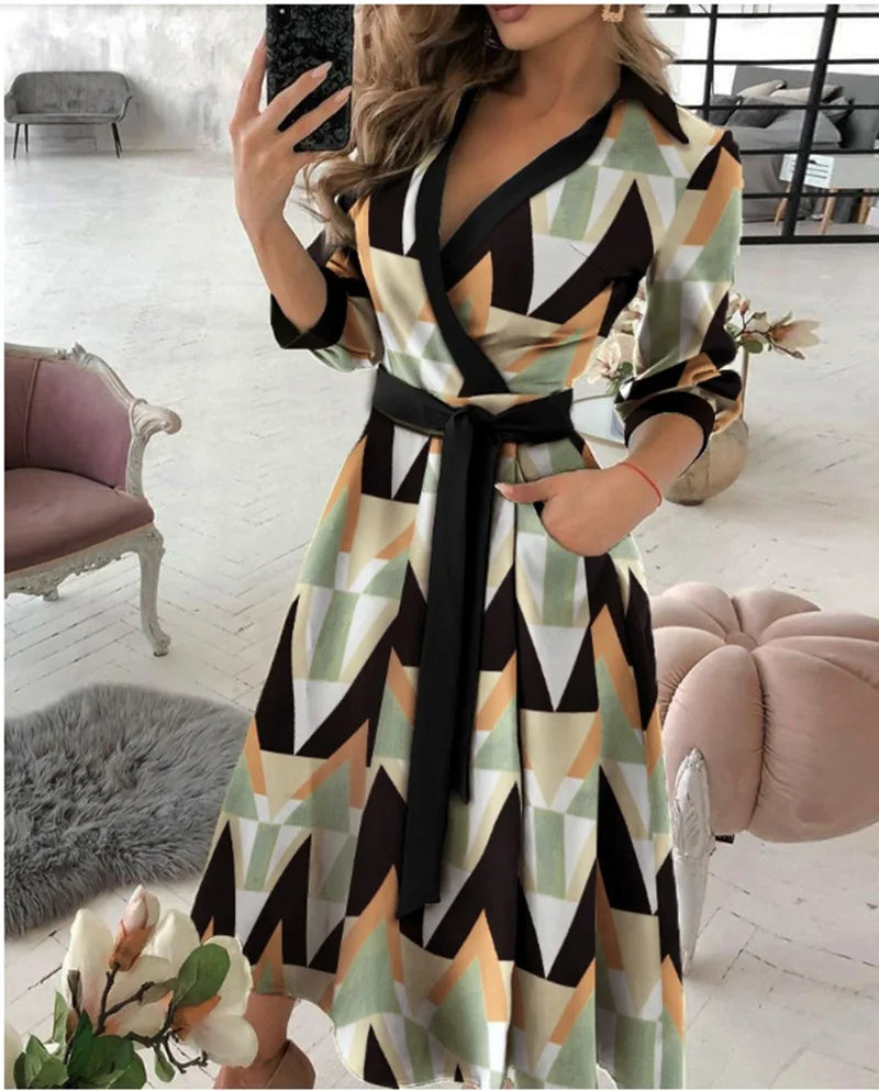 Women V-Neck Dress Spring And Summer New Fashion Three Quarter Sleeve Printed Women's Dress With Waist Tie Up Polo Long Dress