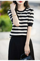 the CASHMERE - Sweater Short Sleeved Striped Sweater Pullover Knitted Cashmere Sweater for Women