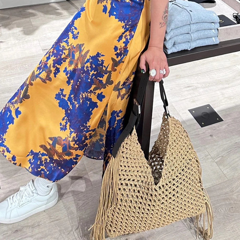 the BEACH BOHO - Hollow Out Hobos Bags for Women, Luxury Designer Handbag/Purse, Weave Large Capacity Tassel Shoulder Straw Beach Bag