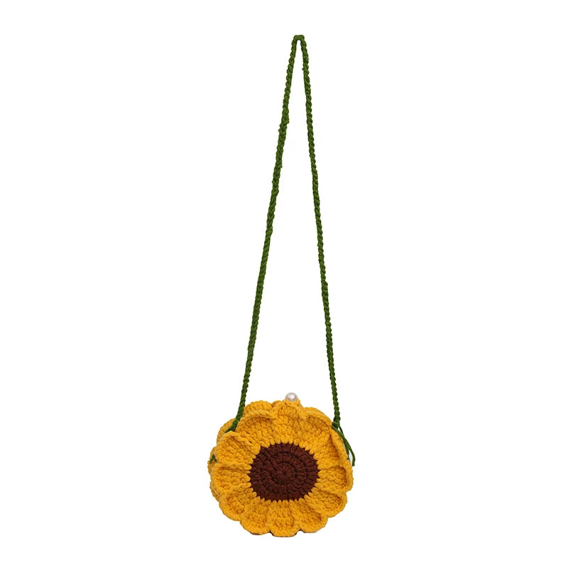 the KNITTED FLOWER - New Fashion Sunflower Pattern Women's Mini Knitted Handbag, Female Woven Shopper Purse, Lovely Design Chain Shoulder Crossbody Bag