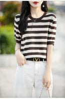 the CASHMERE - Sweater Short Sleeved Striped Sweater Pullover Knitted Cashmere Sweater for Women