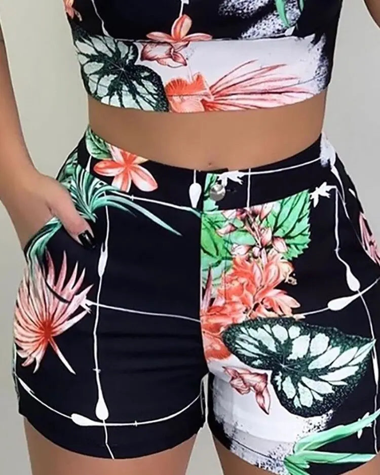 Women 2-piece Outfit Set Female High Waist Hot Shorts Pants Suit Summer Flower Printed Sleeveless V-neck Sling Blouse Shorts Set