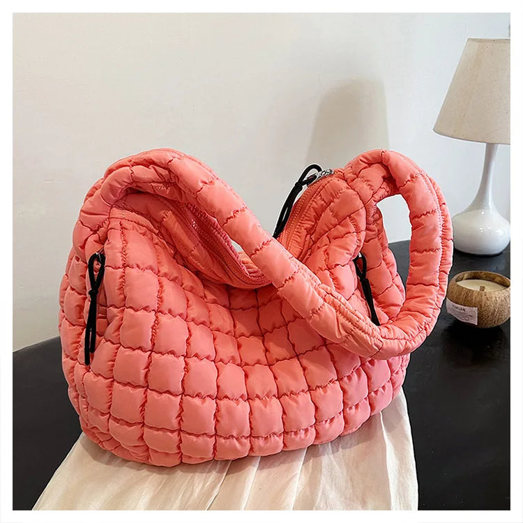 the PUFFY BOHO - Casual Ruched Hobos, Women Shoulder Bags, Quilted Padded Crossbody Bag, Large Capacity Nylon Puffer Tote Bag, Big Shopper Purses