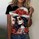 the SUGAR SKULL SENORITA - Women's Fashion Casual Sexy Short Sleeve Horror Undead Skull Pattern Oversized T-Shirts
