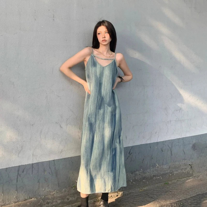 Tie Dye Suspender Dresses Women Loose Lazy Summer Seaside Vacation Long Dress