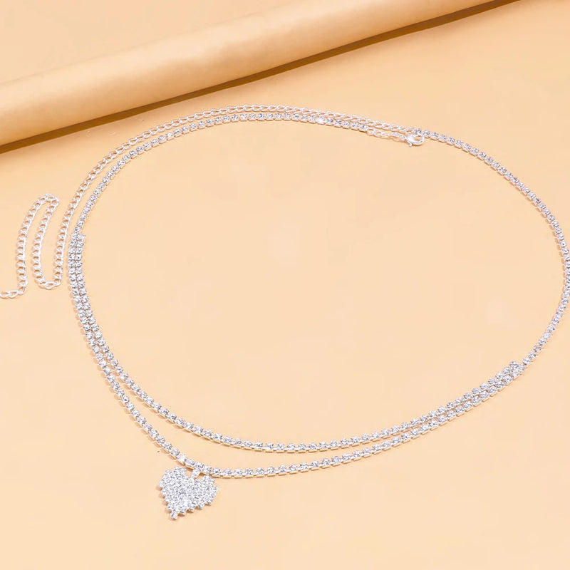 the HEART CHAIN - Sexy Rhinestone Heart Waist Chain Belt Bikinis Jewelry for Women, Summer Beach Double Row Crystal Belly Chain Body Accessories