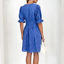 the EYELET DRESS - Sexy Summer V-Neck Short Sleeve Beach Summer Loose Pleated A-Line Lace Hollow Solid Color Dress