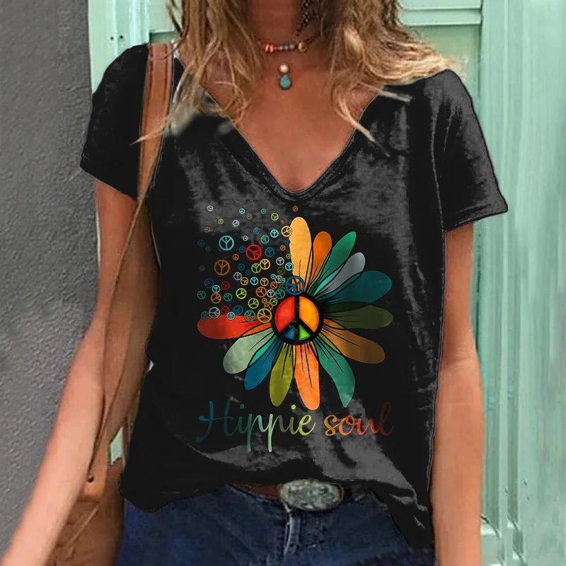 T-shirts For Women Summer 2024 Hippie Women's T Shirt Sequin Top Fashion Short Sleeve Print Tops Large Size Loose Tees Shirt