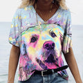 Summer New Women's V-neck Top Short Sleeve T-shirts 3D Cute Dog Print Casual Lovely Harajuku Versatile Y2K Clothes European Size