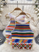 the HIPPIE BOHO - Bohemian Rainbow Knit Hooked Flower Hollow Out Sleeveless Summer Beachwear Colorful Camis