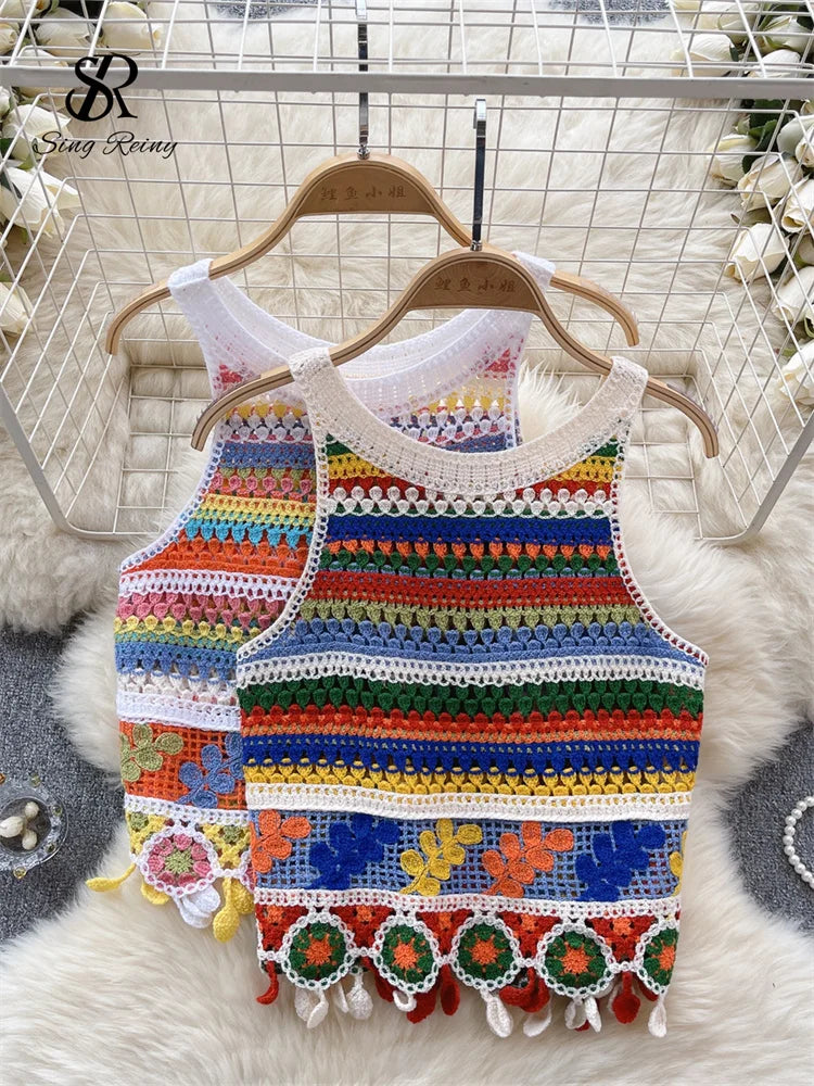 SINGREINY Bohemian Rainbow Knit Tops Y2k Hooked Flower Hollow Out Sleeveless Sweet Summer Women Holiday Beachwear Colorful Camis