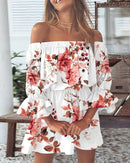 the BONFIRE BOHO - Women's Sexy Summer Off Shoulder Floral Blouses Boho Casual Backless Slash Neck Mini Sundress
