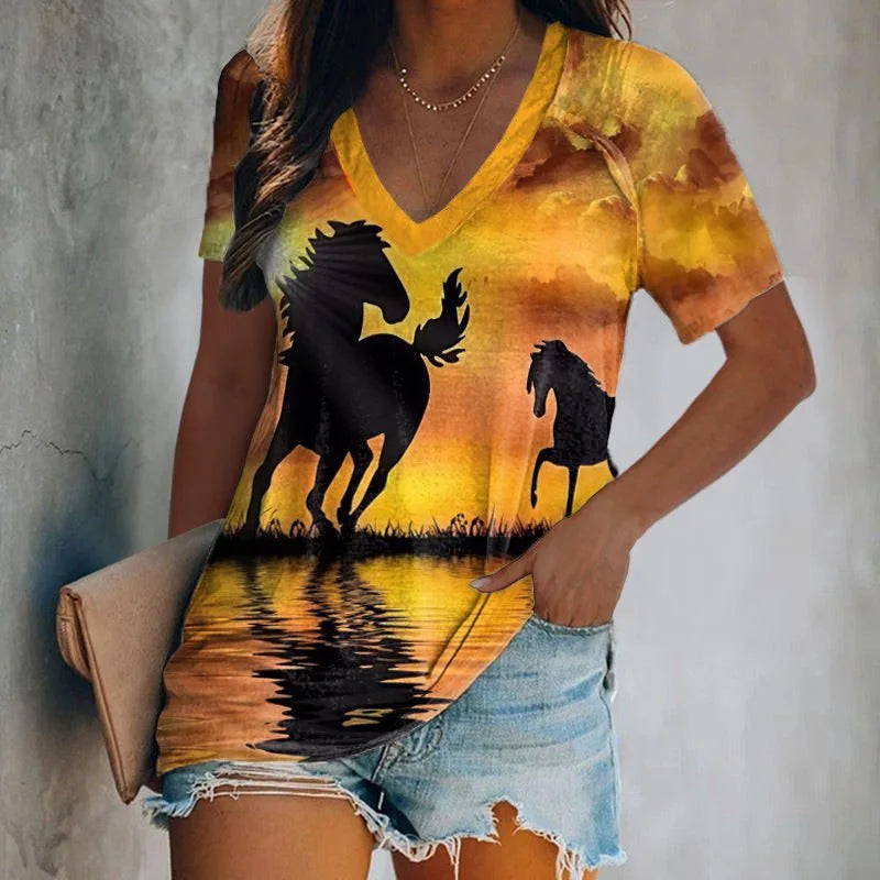 Summer Animal Horse 3D Print T-shirts Women Casual Fashion Streetwear Short Sleeve V-Neck T Shirt Harajuku Tees Tops Clothing