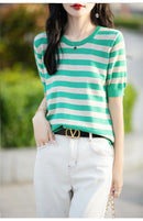 the CASHMERE - Sweater Short Sleeved Striped Sweater Pullover Knitted Cashmere Sweater for Women