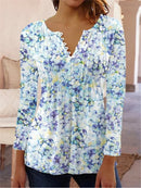 the FLOWER SHOP - Women's Vintage Floral Print Pleated Button Spring/Summer Fashion V-Neck 3/4 Sleeve Elegant Slim Blouse Tops