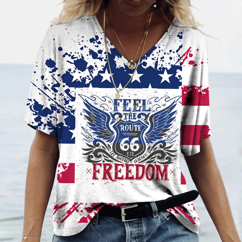 Hot US Route 66 Pattern 3D Print Women's V-Neck T-shirts Casual Lady Short Sleeve Oversized Pullover Fashion Tops Women Clothes