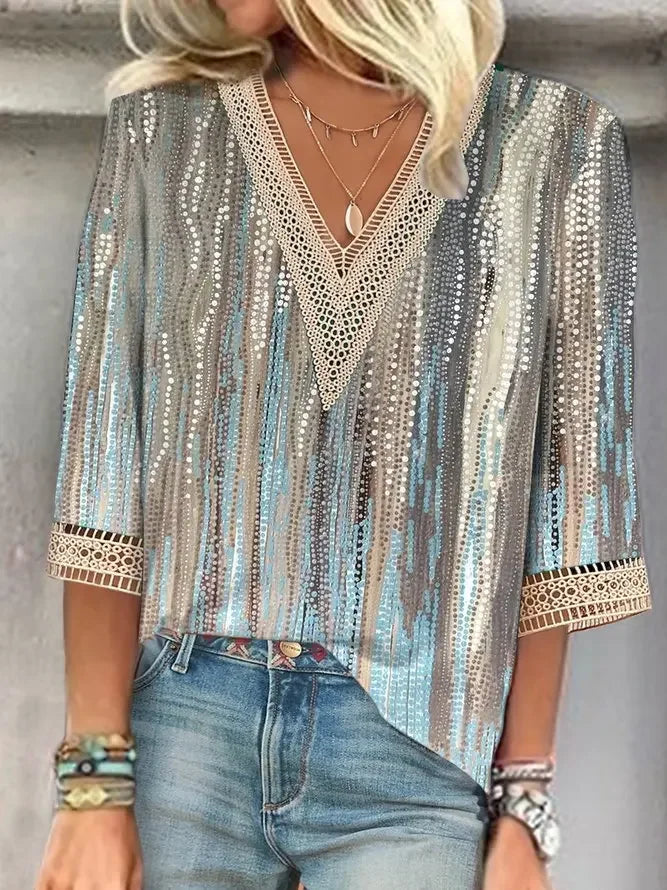 the RAINDROP - Women's Vintage Print Hollow Lace Patchwork Elegant Spring/Summer Trendy Casual V-Neck 3/4 Sleeve Loose Blouse Tops