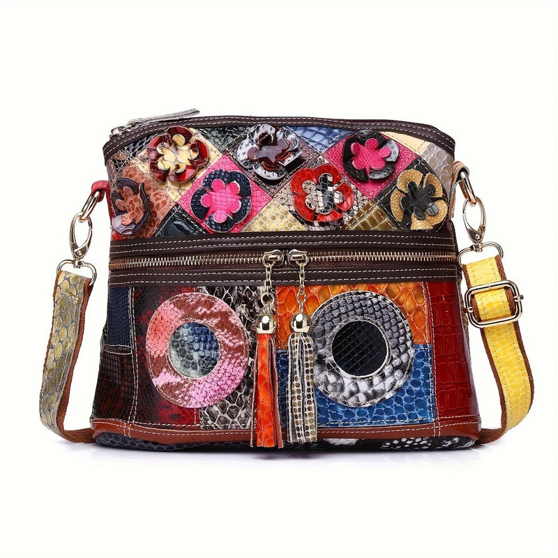 the HIPPIE HOBO - Casual Multi Color Messenger Bag, Snake Pattern Women's Colorful Flowers Splicing Tassels Single Shoulder Purse