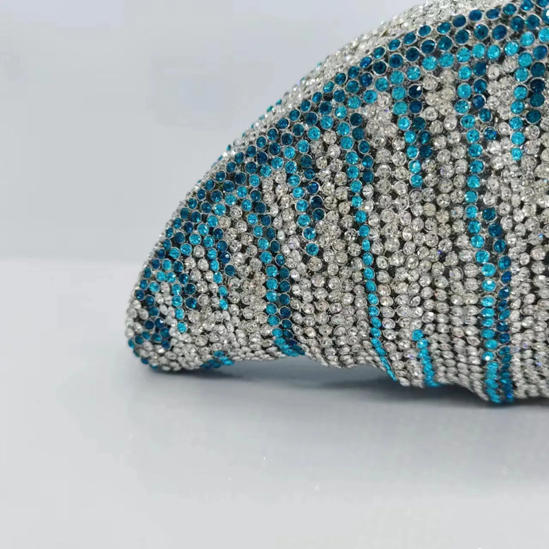 the CONCH - Lady Conch Blue/Gold Crystals Clutch Purse, Female Evening Bag, Wedding Diamond Purse/Bridal Handbag, Party Rhinestone Minaudiere