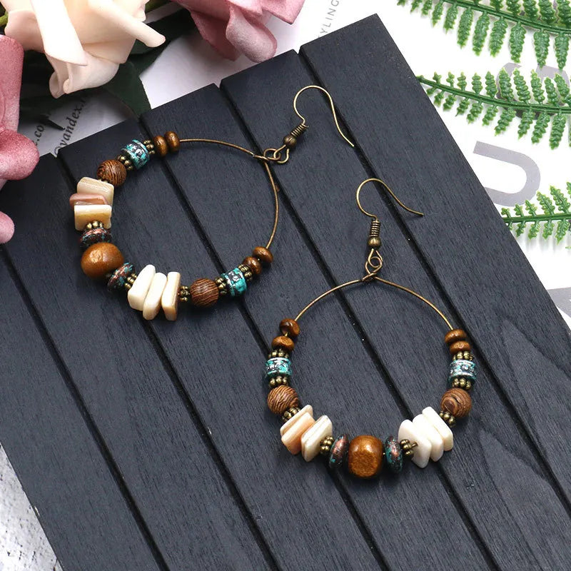 the STONE HEDGE - Shell Wood Beads Large Handmade Beaded Earrings, Fashion Women's Jewelry Valentine's Day/Wedding/Anniversary/Birthday Gift