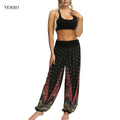 Women Trousers Loose Wide Leg Pants Pants Elastic Waist Bohemian Woman Feather/Flower Print Baggy Harem Pantalon Femme