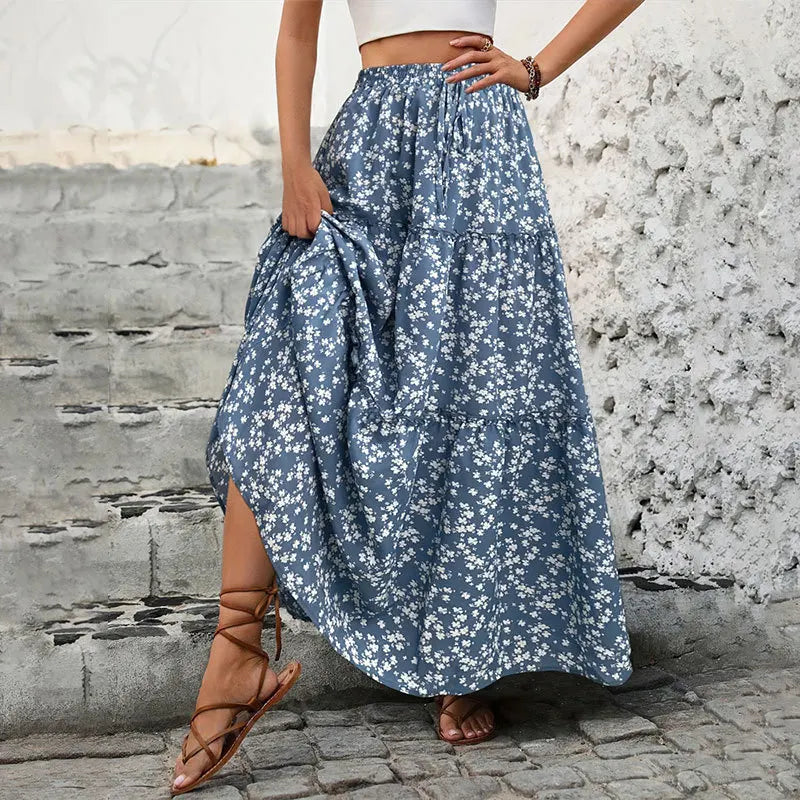 Small Floral Skirt Women's Waistband Elastic Three-layer Splicing Long Skirt A-line Pleated Big Swing Skirts 2025 Harajuku Femme