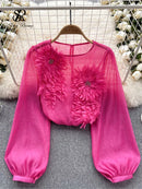 the SHEER BOHO - Women's Loose O-Neck Long Sleeves Sheer Bohemian Transparent 3D Floral Blouse