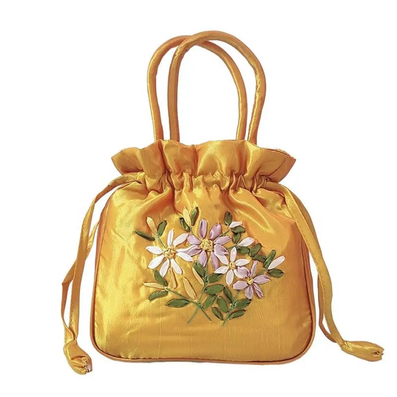 the SATCHEL - Retro Elegant Satin Silk Embroidery Totes for Women, Floral Drawstring Handbag, Woman Purse/Wallet Small Tote Bags