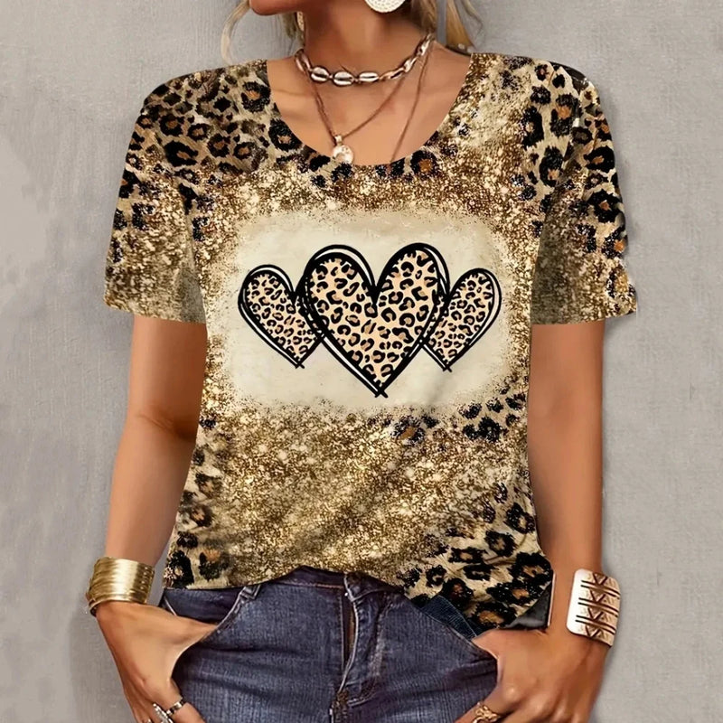 2024 New Style T-shirt For Women Leopard Print Heart Print Female Oversized T-Shirt Summer Women Clothing Short Sleeve Fashion