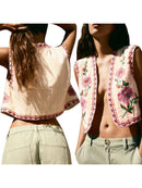 the EMBROIDERRY - Women's Vintage Boho Floral Embroidered Sleeveless Crop Cardigan Open Front Vest Outwear Jackets