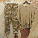 the CAMO SET - Tops/Pants Set Comfy Cotton Blend Quarters-Sleeve Breathable Elastic Waist Outfit Suit Shirt/Pants Set