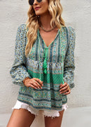 the BAGGY BOHO - Boho Floral Blouse V-Neck Tassel Long Sleeve Bohemian Summer Fashion Shirt for Women