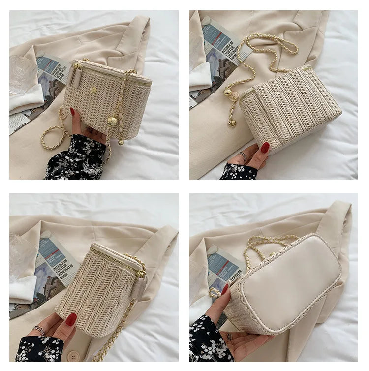 the PICNIC BOHO - Mini Straw Bucket Crossbody Bag for Women, Summer Weave Women's Brand Handbags and Purses, Fashion Chain Simple Shoulder Bags