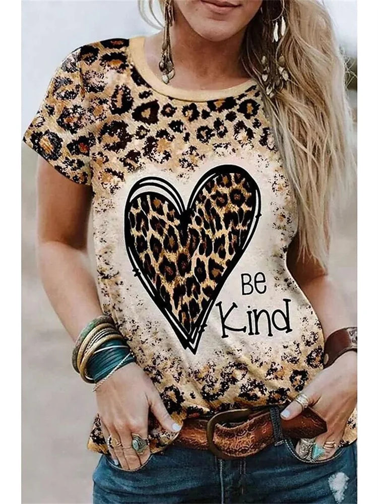 2024 New Style T-shirt For Women Leopard Print Heart Print Female Oversized T-Shirt Summer Women Clothing Short Sleeve Fashion