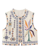 the STITCH BOHO - Women's Vintage Floral Pattern Embroidered Vest Sleeveless Open Front Versatile Short Outerwear Boho Cardigan Crop Vests