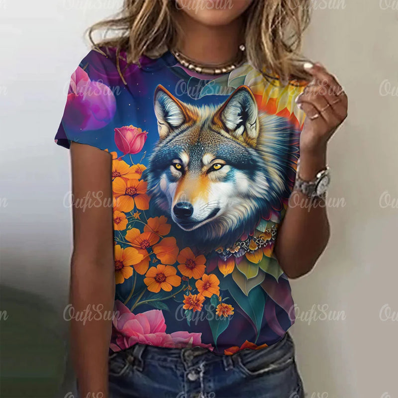 3d Wolf Print Women T-Shirts Summer Fashion Animal Gothic T-Shirt Short Sleeve O-Neck Hip Hop Tee Oversized Woman Clothing