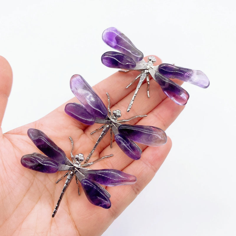 1PC Natural Amethyst Dragonfly Crystal Purple Quartz Stone spar crafts Butterfly Statue Reiki Healing Home Decor Children Gift