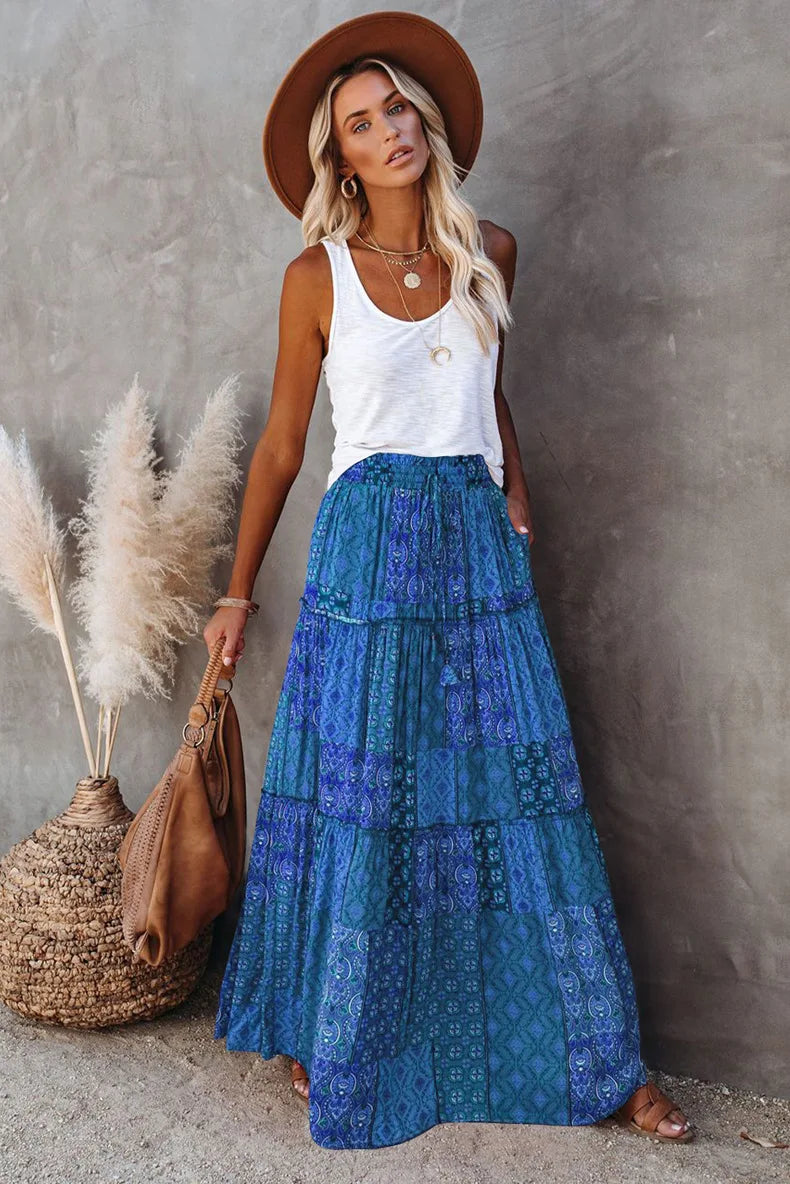 New Long Skirt Retro Skirt Loose Casual High Waist Skirt Bohemian Style Patchwork Pleated Pocket Skirt