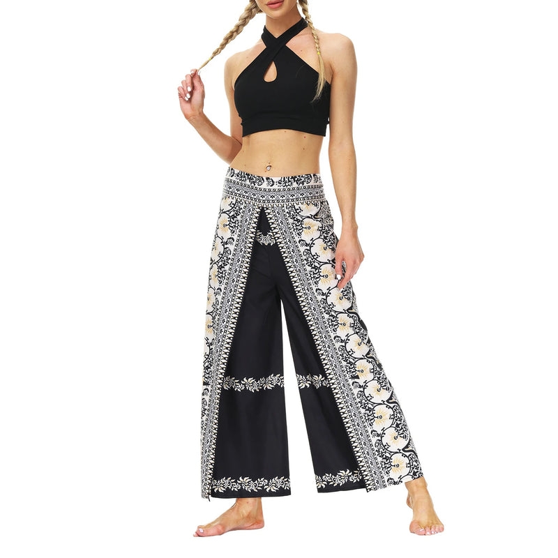 Women's Casual Soft Slit Leg Pants, Harem Dance, Beach Boho Baggy Yoga Pants, Lady Loose Wide Leg Wrap Long Pants, Summer