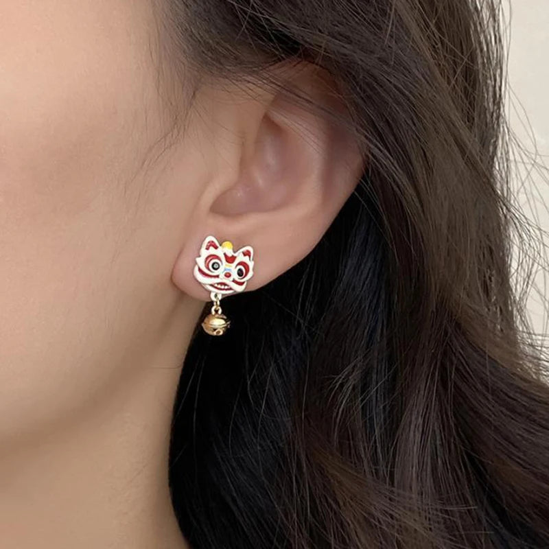 the GOOD FORTUNE - Chinese Style Red Little Lion Bell Pendant Earrings for Women, The Year of The Dragon Festive Jewelry Gifts