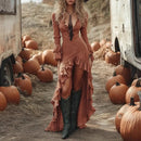 the WILD WEST COWGIRL - Retro Solid Ruffle Spring V-Neck Slim Long Sleeve Boho Maxi Dress